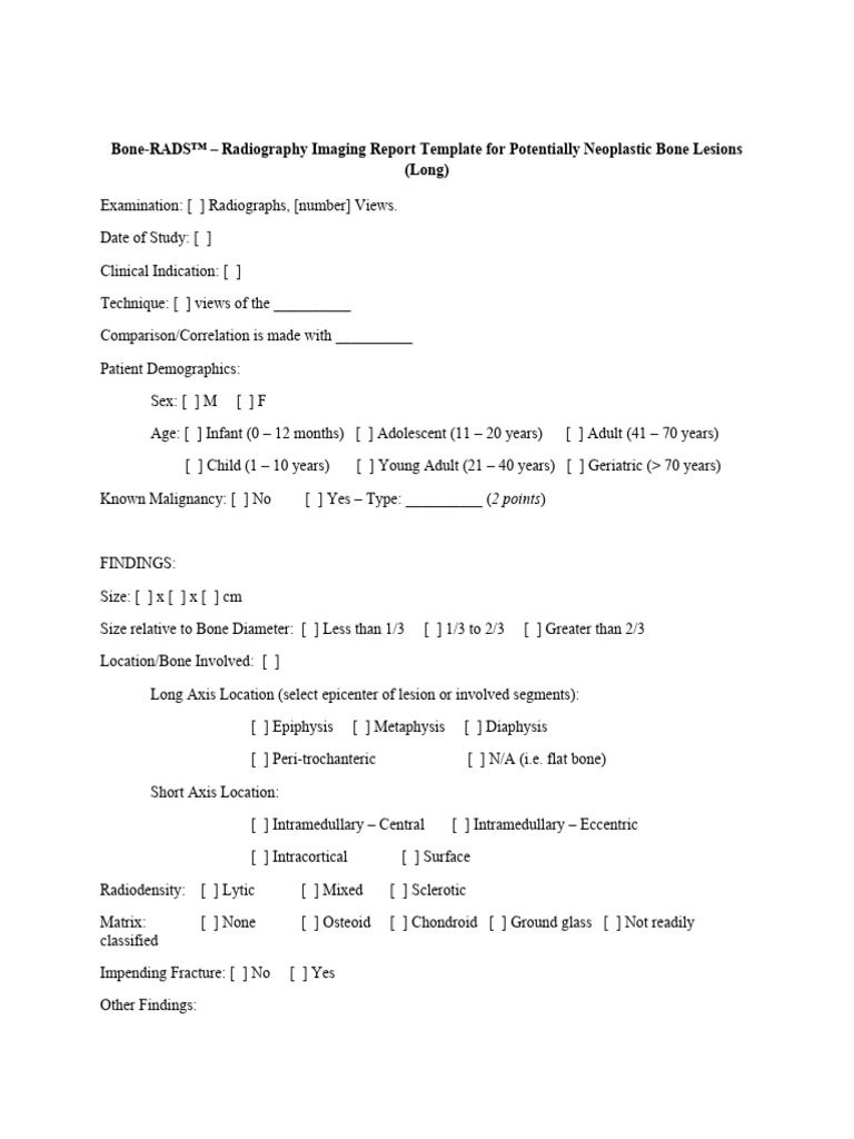 Bone-RADS™ Imaging Report Template | PDF | Medical Imaging | Anthropometry