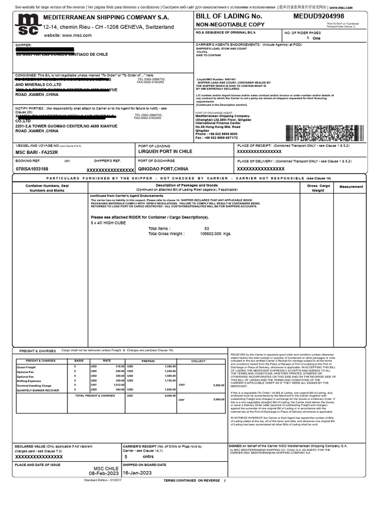 Bill of Lading for MSC Shipment | PDF | Cargo | Bill Of Lading