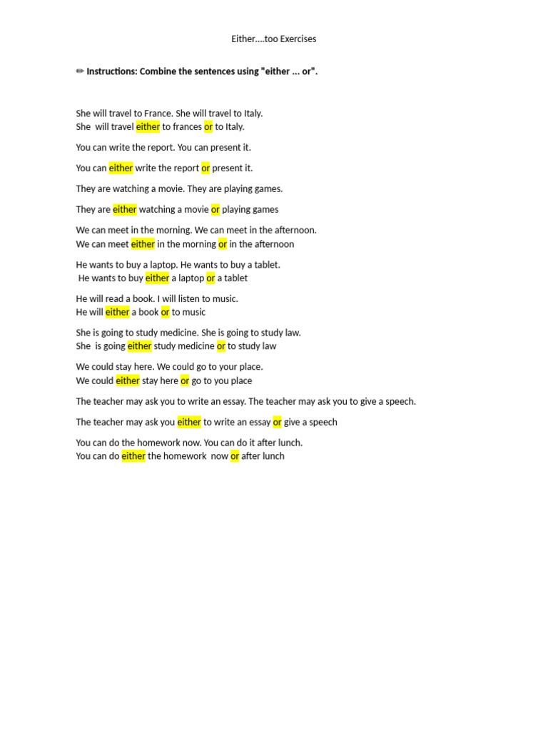 Either...Or Sentence Combination Exercises | PDF | Human Communication