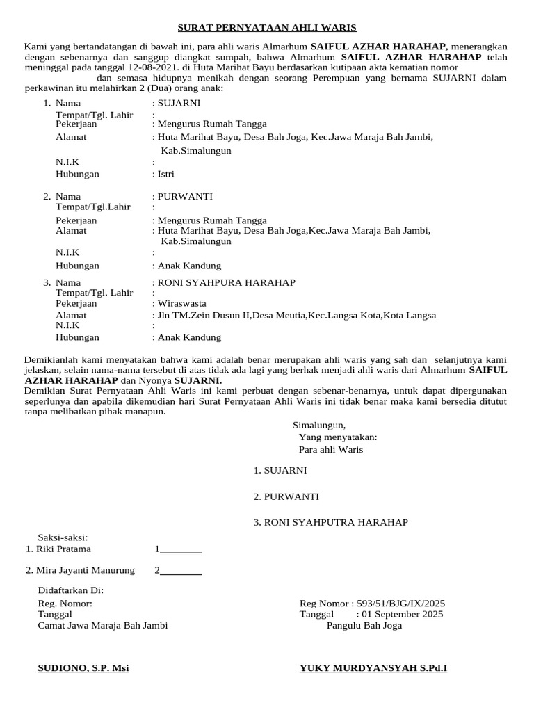 Surat Pernyataan Ahli Waris Saiful Azhar | PDF