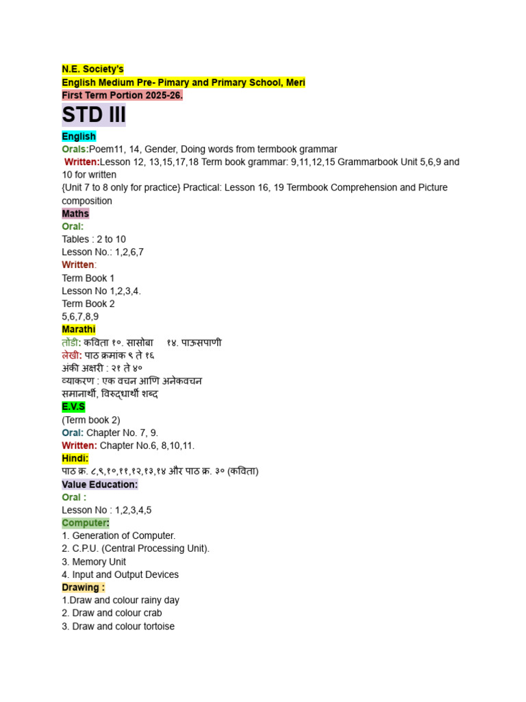 STD 3 First Term Portion | PDF