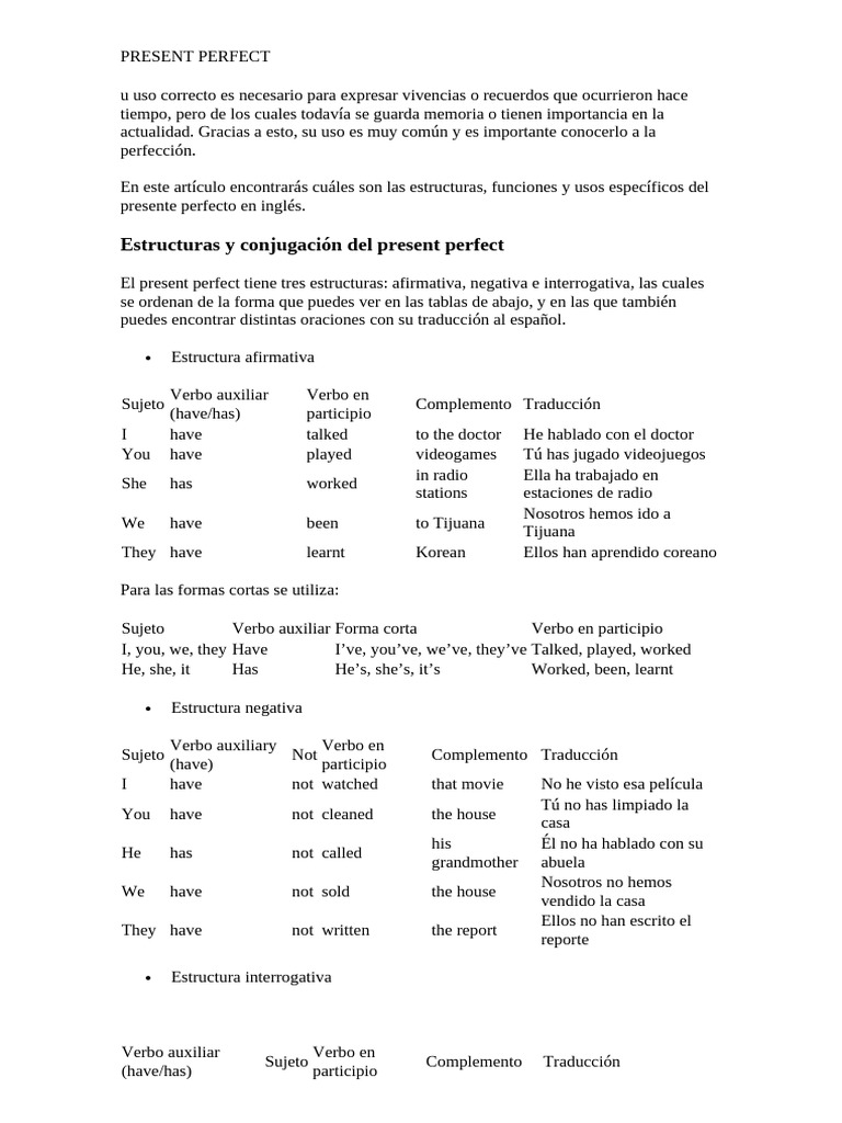 Estructura del Presente Perfecto en Inglés | PDF | Verbo | Tipología ...