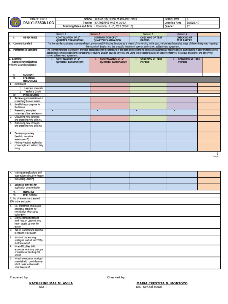 DLL - English 07 - q1w10 (Q 1 Exam) | PDF | Teachers | Learning