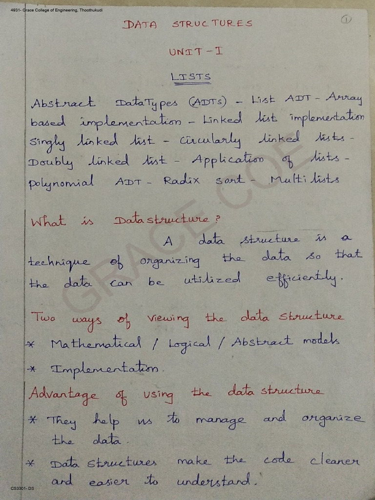 Data Structure - CS3301 - Hand Written Notes3 - Unit 1 | PDF