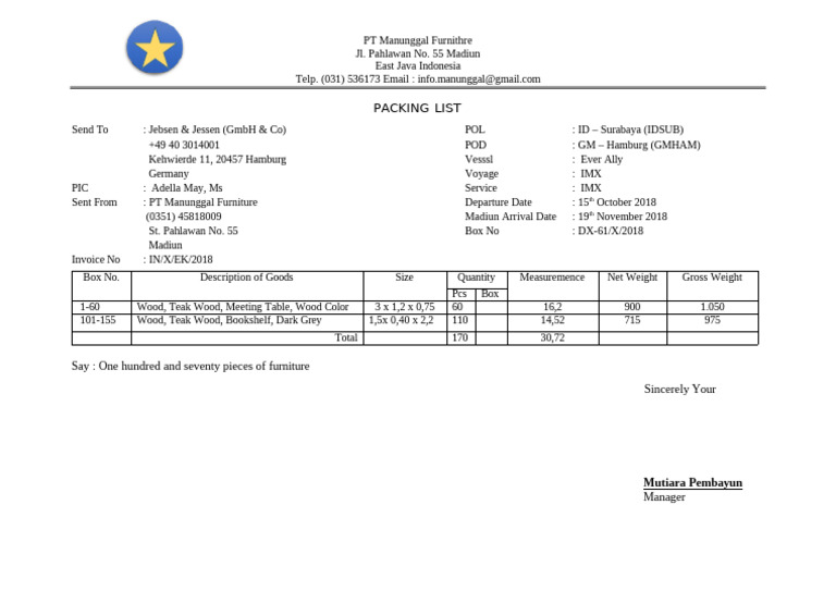 PT Manunggal Furniture Packing List | PDF