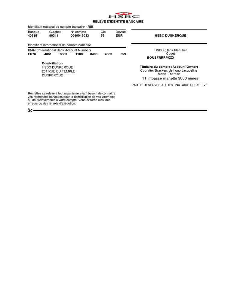 RIB HSBC Dunkerque : Informations Bancaires | PDF
