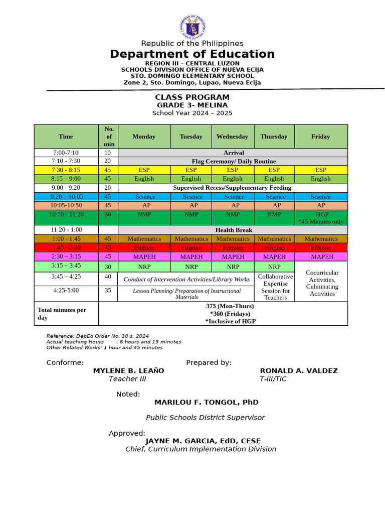 Grade 3 Class Program 2024 2025 Copy | PDF | Asia | Philippines