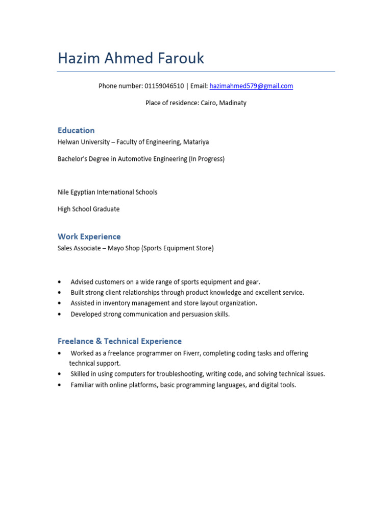 Hazim Ahmed Farouk: Profile Overview | PDF