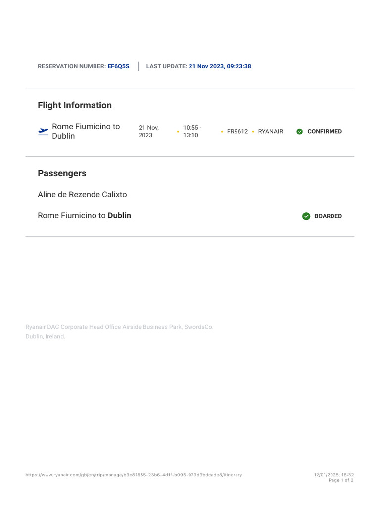 Ryanair Flight Confirmation: Rome to Dublin | PDF