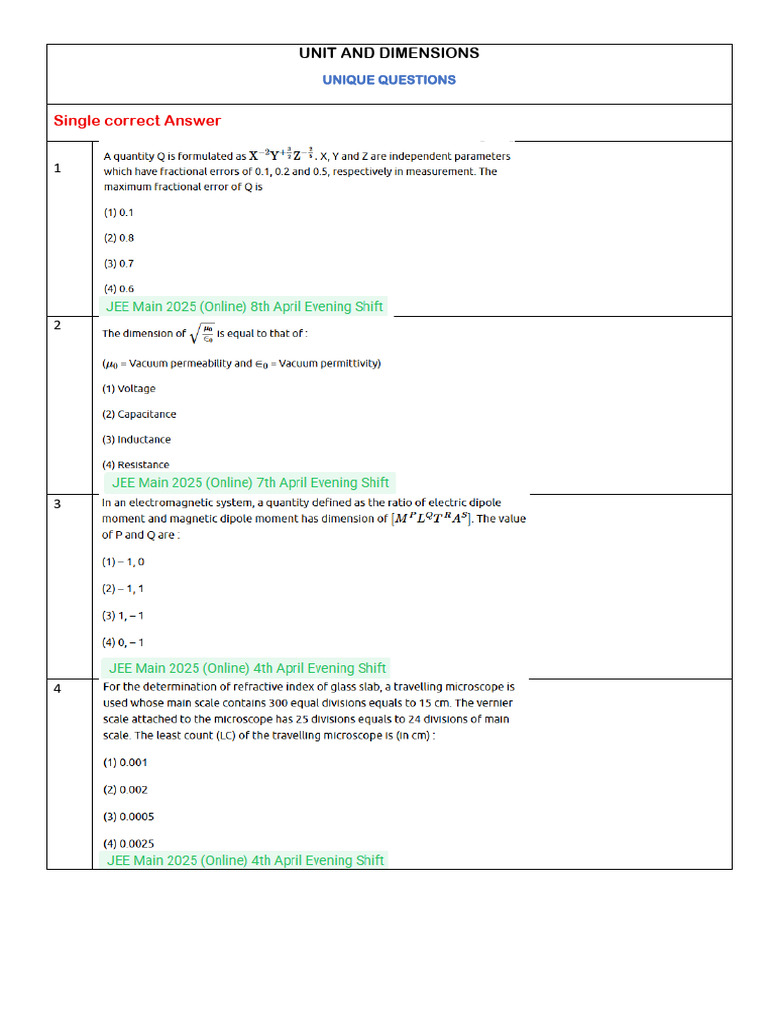 Unit and Dimensions Quiz Questions | PDF