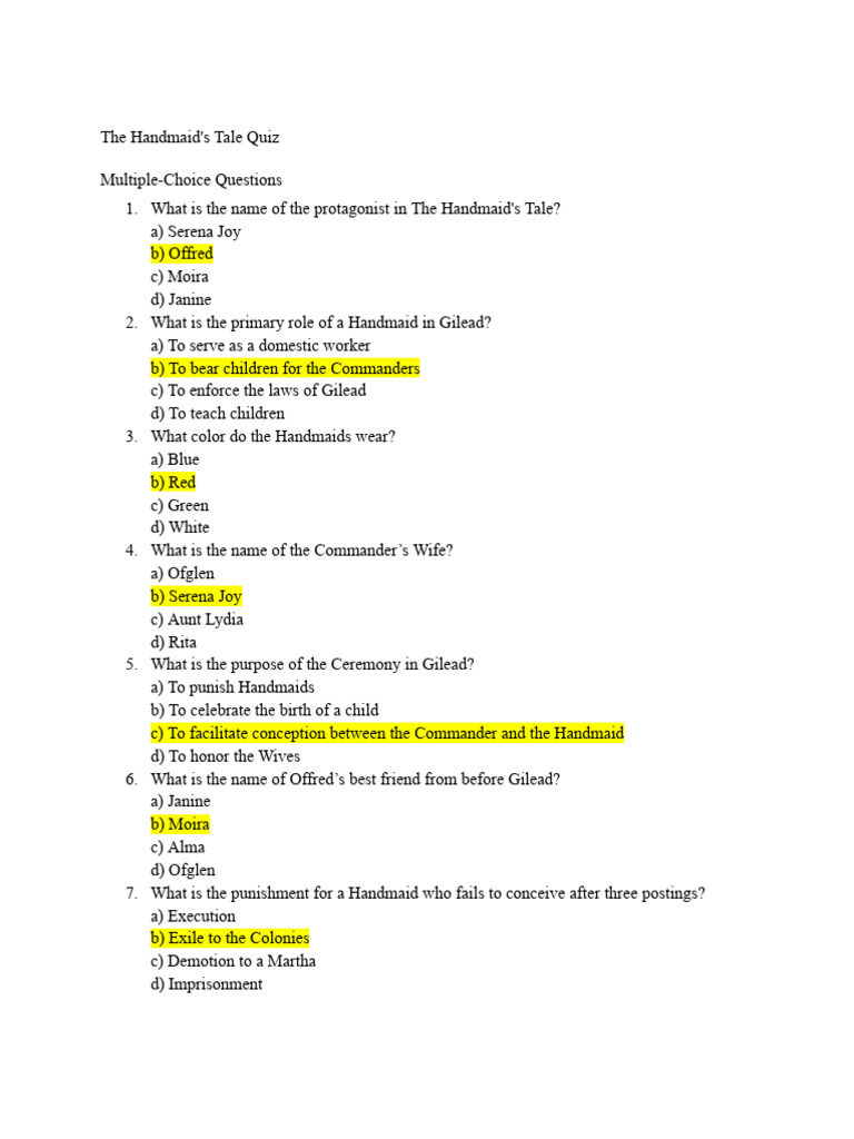 The Handmaid's Tale Quiz Questions | PDF