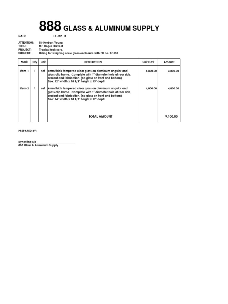 Billing for Glass Enclosure Project | PDF