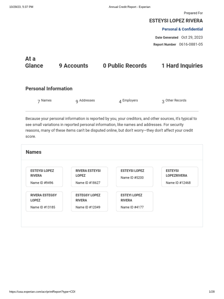Experian Annual Credit Report Summary | PDF | Credit | Finance & Money ...