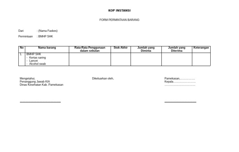 Form Permintaan Barang Kesehatan BMHP SHK | PDF