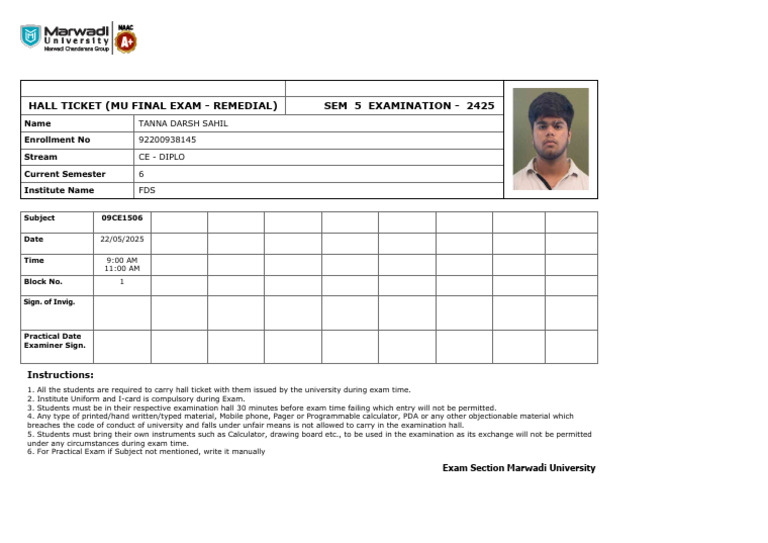 Back Hall Ticket | PDF
