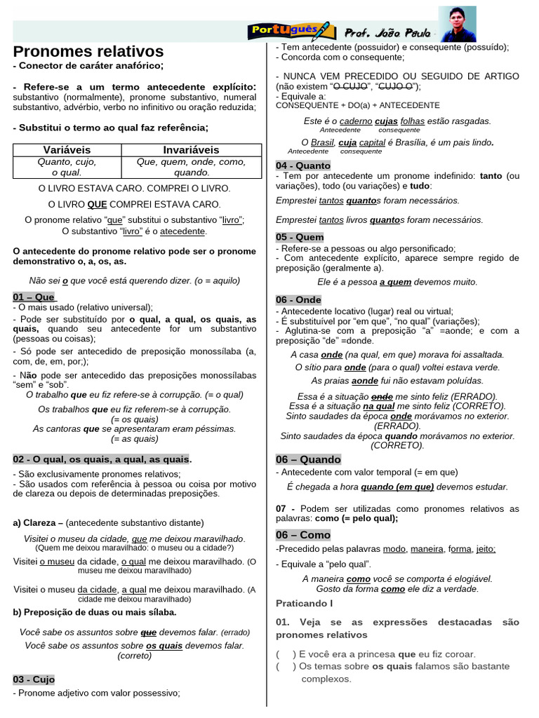 Guia Completo sobre Pronomes Relativos | PDF | Pronome | Tipologia ...