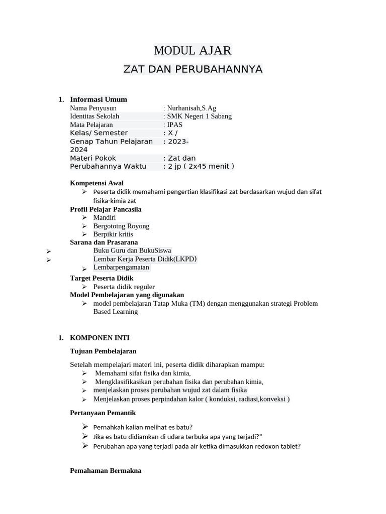 Modul Ajar Zat dan Perubahannya IPAS | PDF