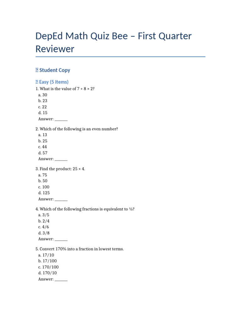DepEd Math Quiz Bee Reviewer | PDF