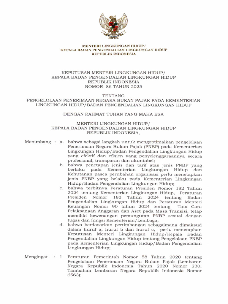 Kepmen LH 86 Tahun 2025 Tentang Pengelolaan PNBP Pada KLH BPLH | PDF