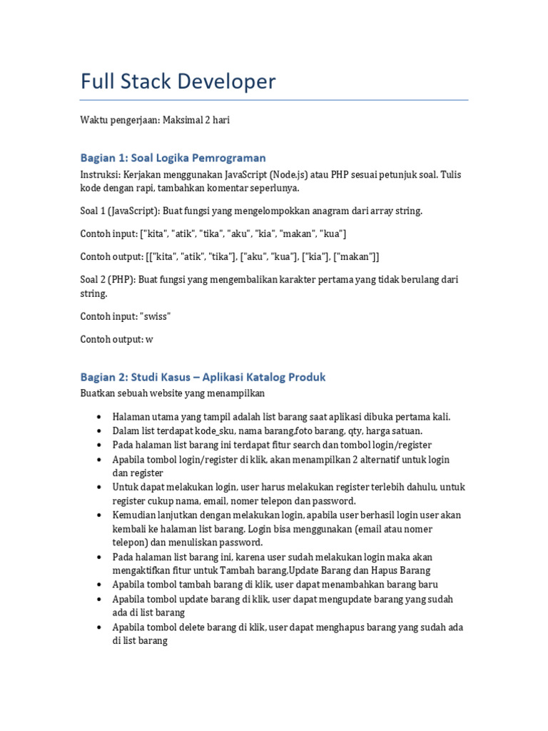 Ujian Full Stack Developer: Kode & Proyek | PDF