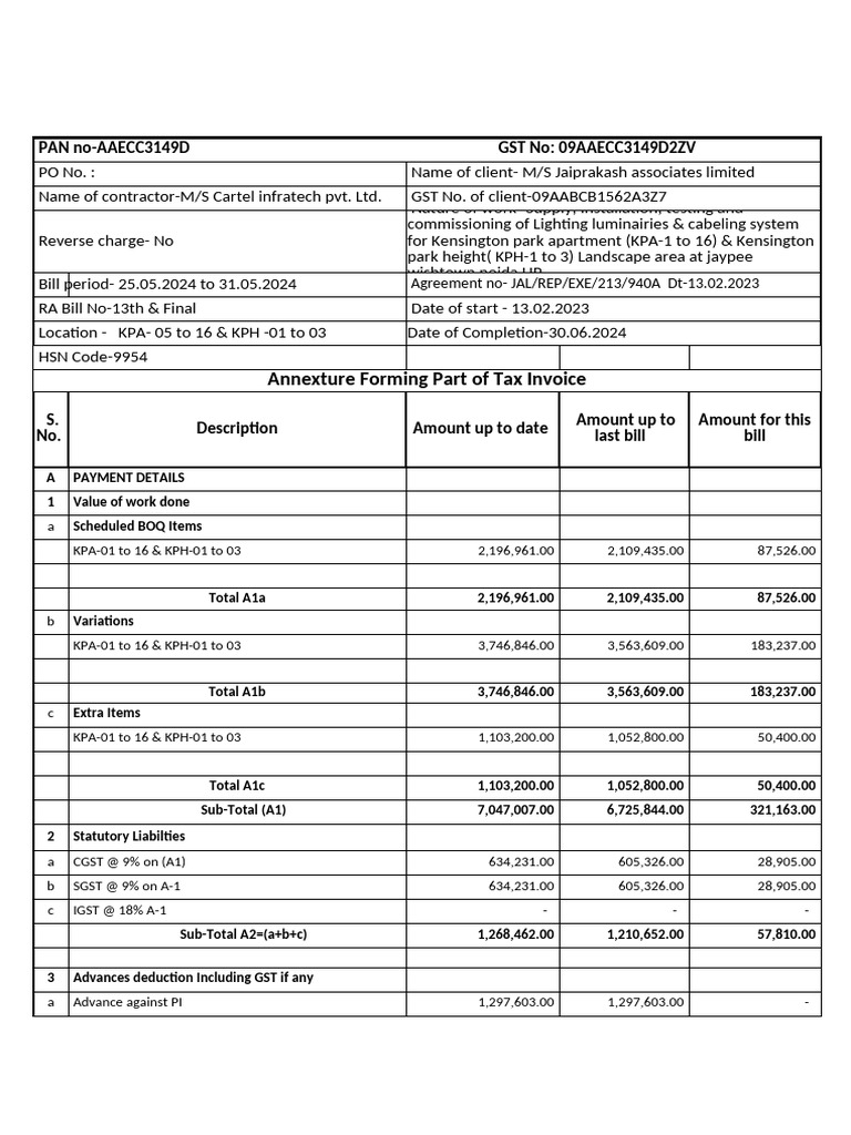Final RA Bill for Jaiprakash Associates | PDF | Lighting | Building ...