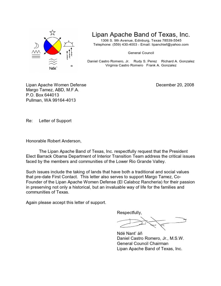 Lipan Apache Band of Texas Support Letter PDF