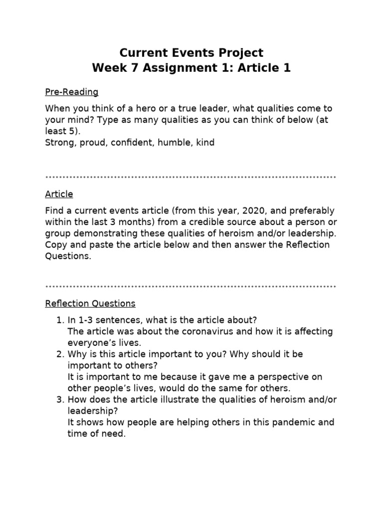 Honors 10 - Week 7 - Current Events Project - Assignment 1 | PDF
