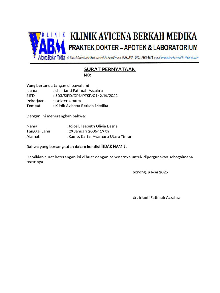 Surat Keterangan Tidak Hamil Joice Basna | PDF