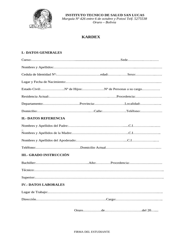 Kardex del Instituto San Lucas Oruro | PDF