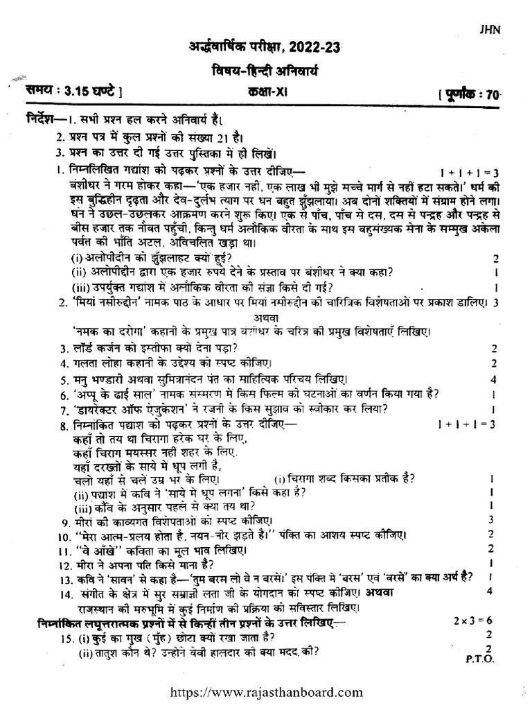 Rajasthan Board Class 11 Hy Hindi Compulsory v3 160123 2023 | PDF