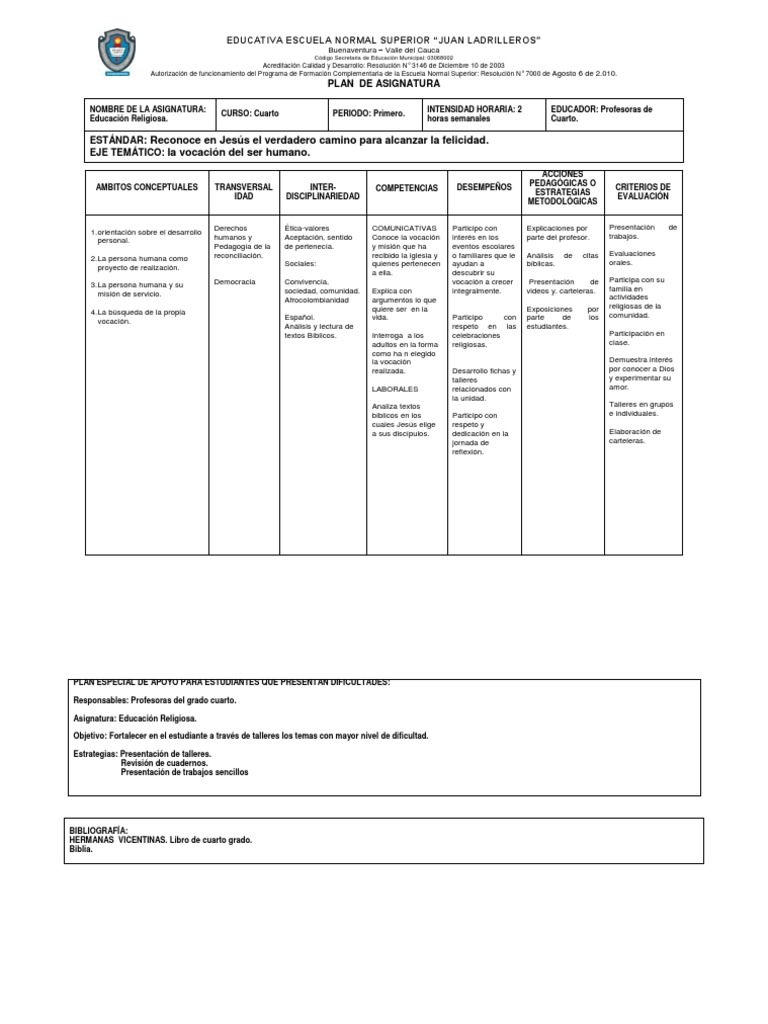 Plan de Educación Religiosa Cuarto Grado | PDF | Iglesia Católica ...