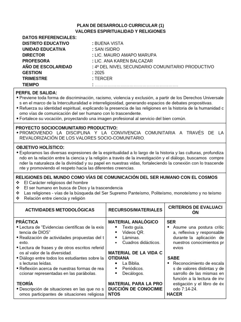 PLAN DE DESARROLLO CURRICULAR Valores | PDF | Maestros | Biblia