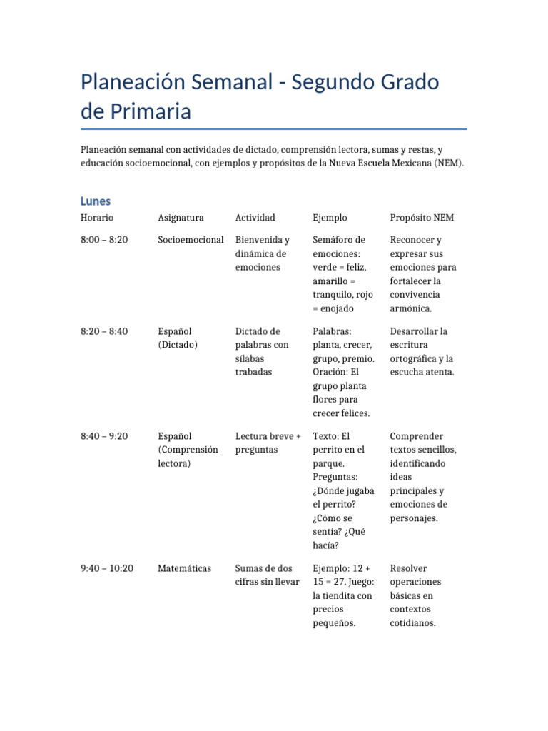 Planeación Semanal para Segundo Grado | PDF