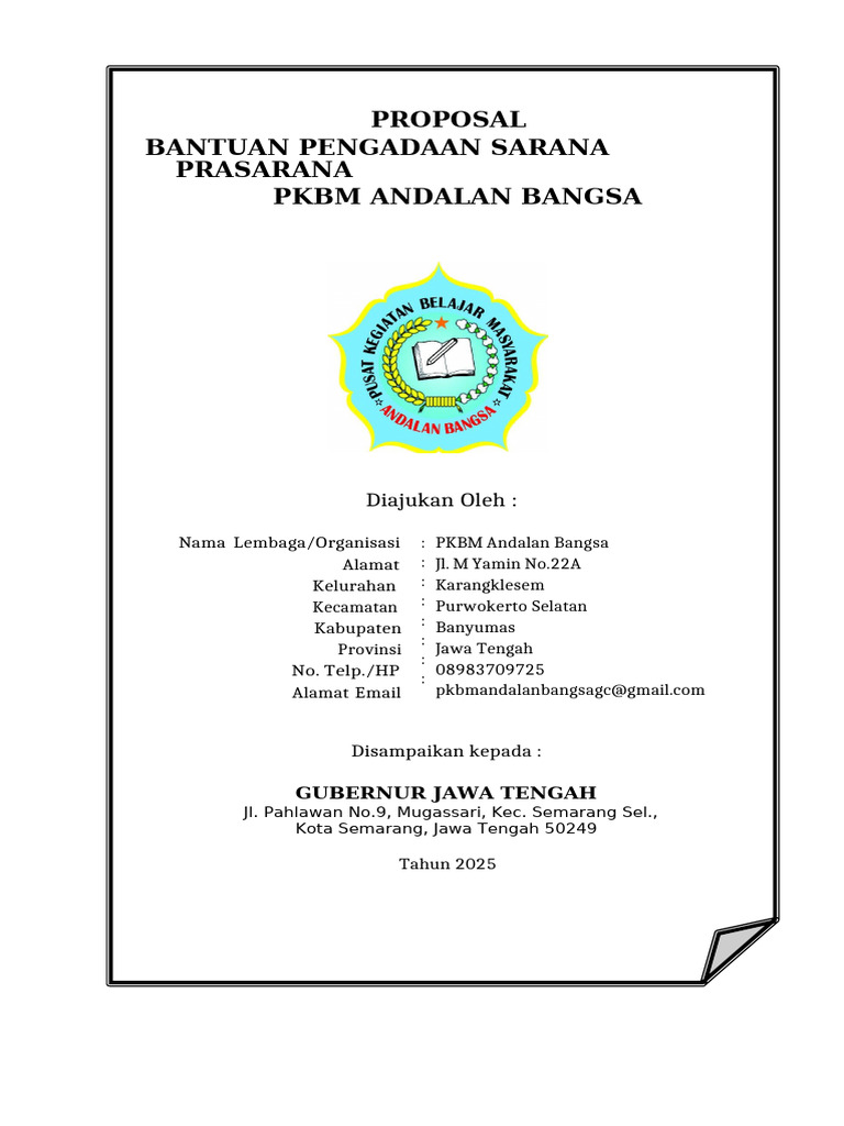 Proposal Bantuan Sarana Prasarana PKBM | PDF