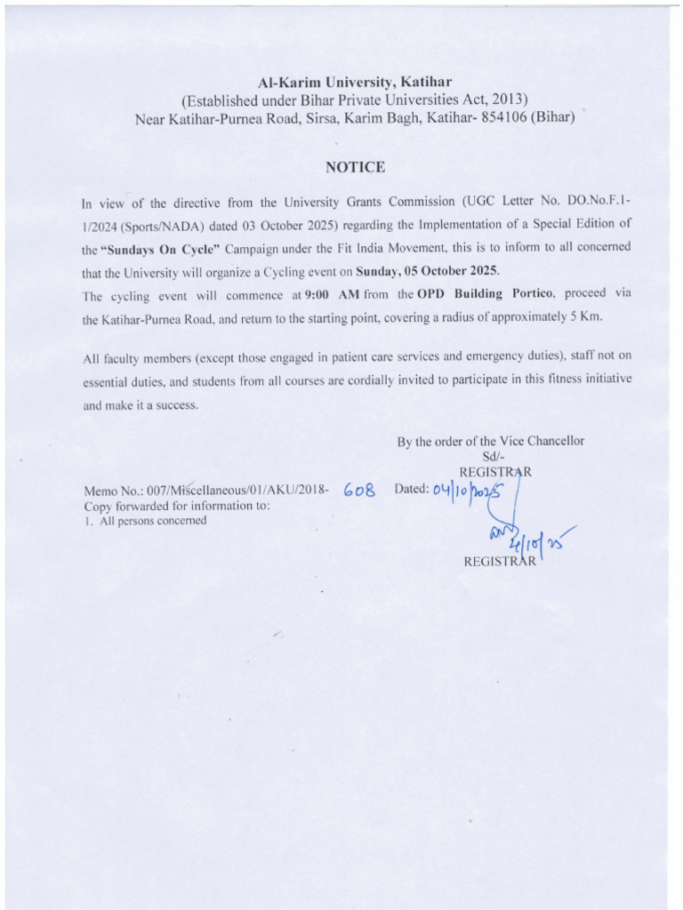 Al-Karim University Cycling Event Notice | PDF