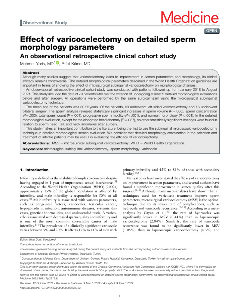 Varicocelectomy's Impact on Sperm Morphology | PDF | Sexual Health ...