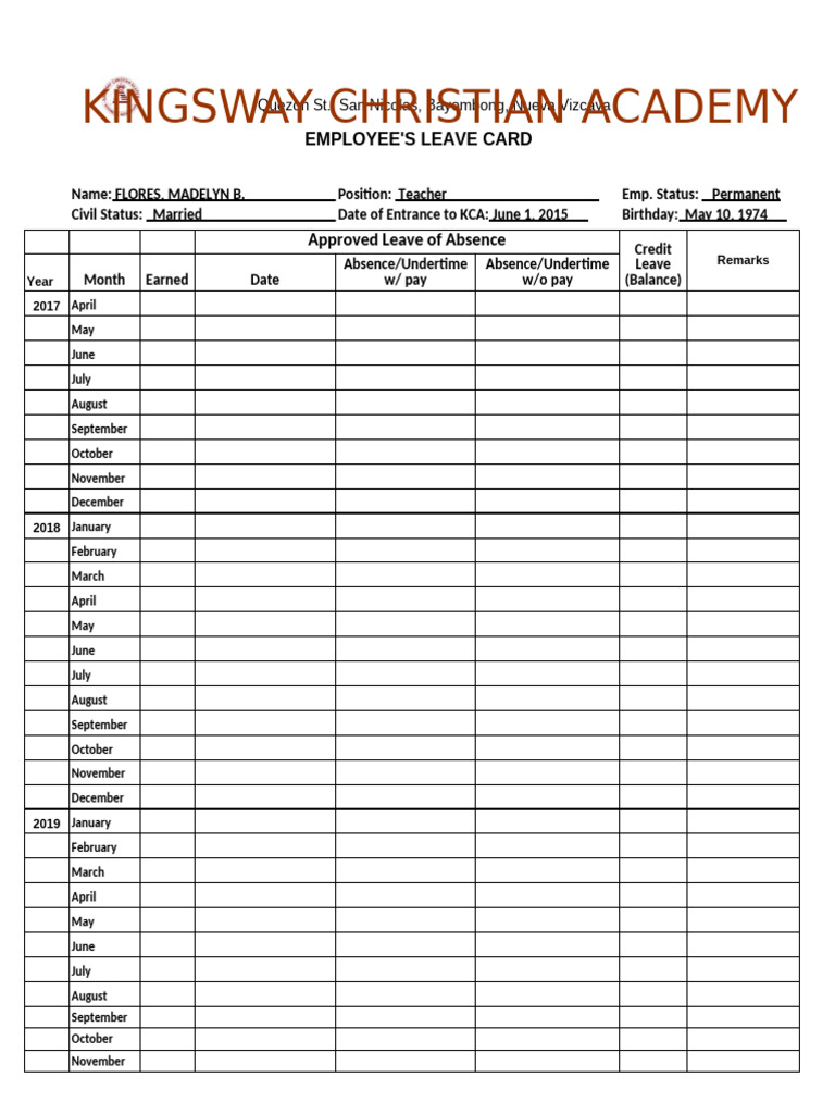 Employee Leave Card for Teachers | PDF