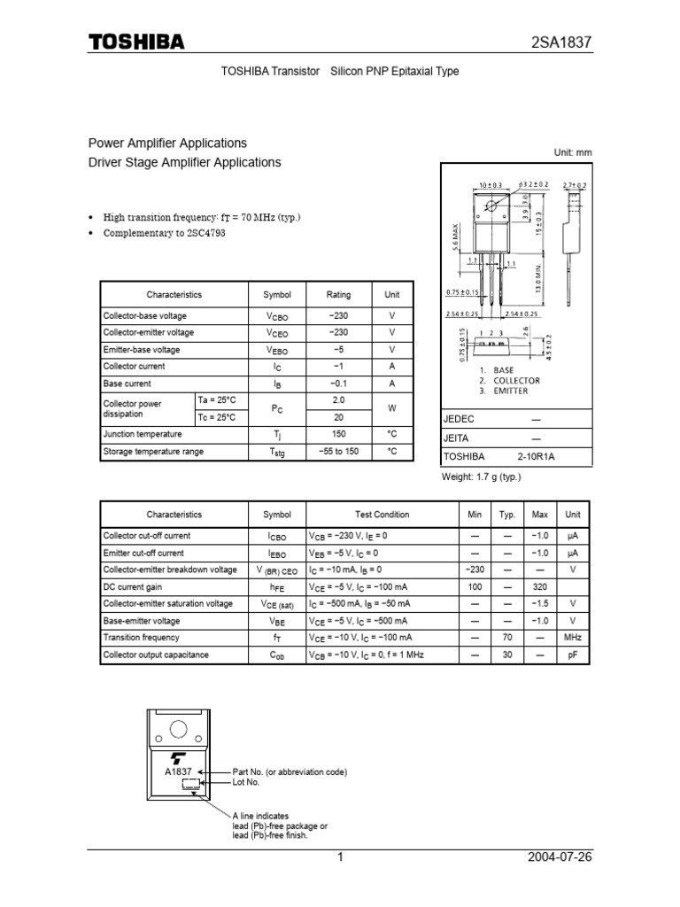 A1837 Toshiba Semiconductor | PDF | Bipolar Junction Transistor ...