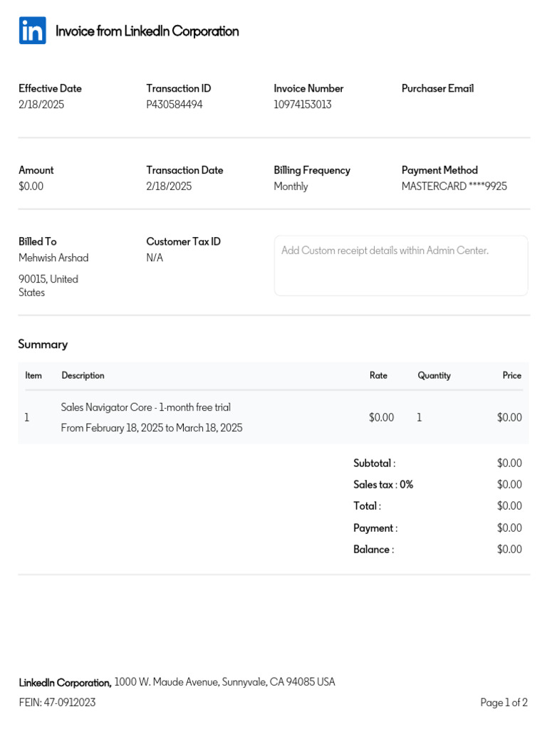 LNKD Invoice 10974153013 | PDF | Invoice | Receipt