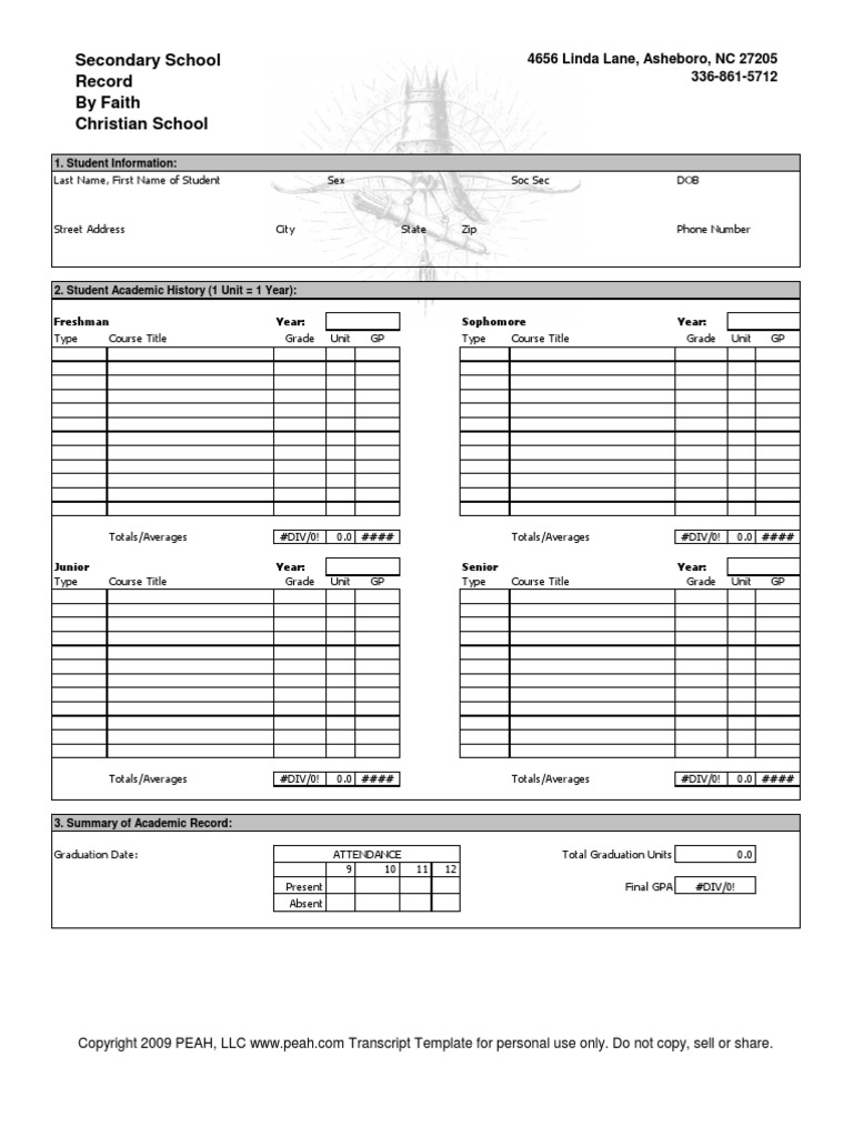 High School Transcript Template Fillable Pdf Free Download