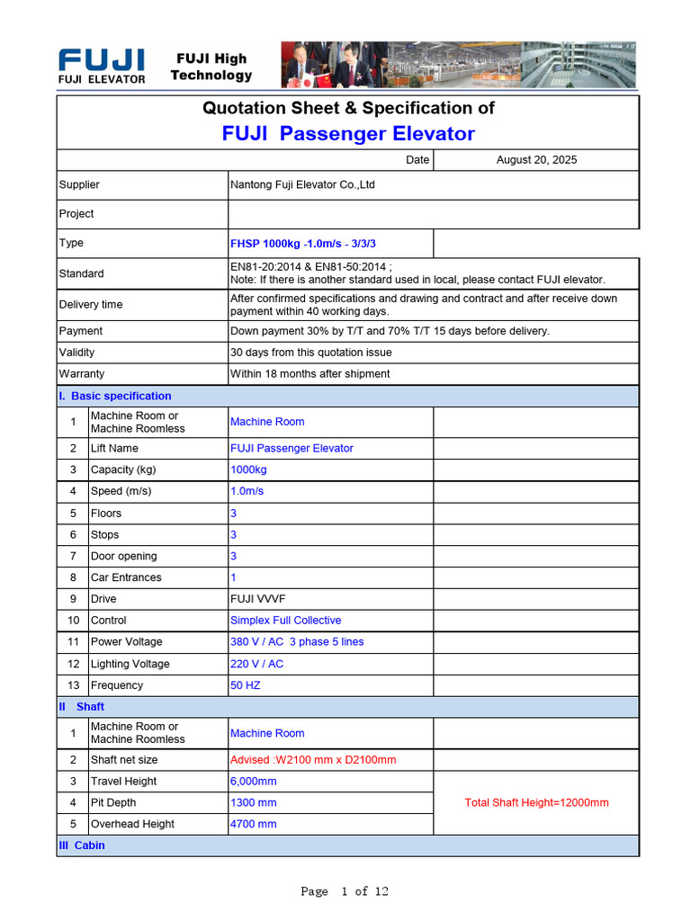 FUJI 1000kg Passenger Elevator Specs | PDF | Elevator | Door