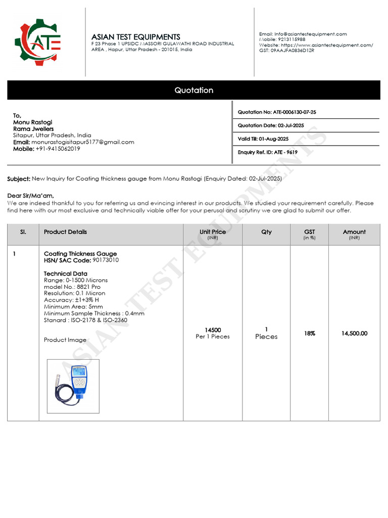 Coating Thickness Gauge Quotation | PDF
