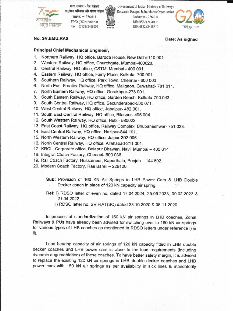 Provision of 160 KN Air Springs in LHB Power Cars & LHB Double Decker ...