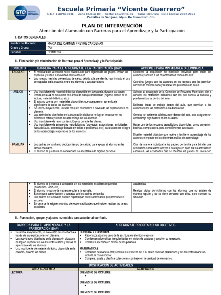Copia de Plan - Intervención - BAP | PDF | Salón de clases | Aprendizaje
