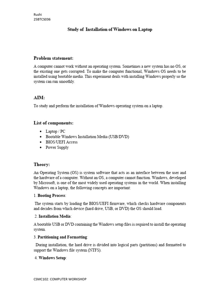 Study of Installation of Windows On Laptop | PDF