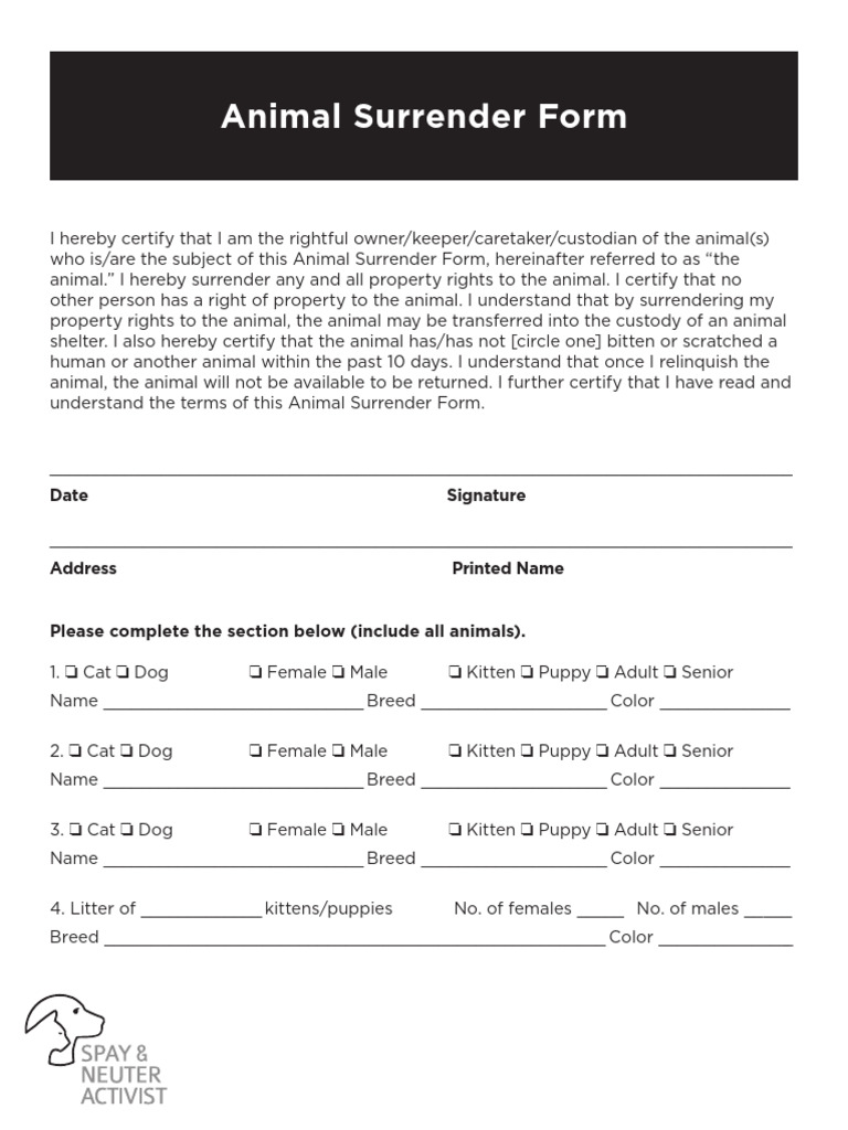 Animal Surrender Form Template | PDF
