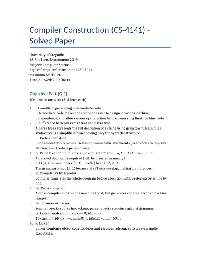 Compiler Construction Solved | PDF | Parsing | Compiler