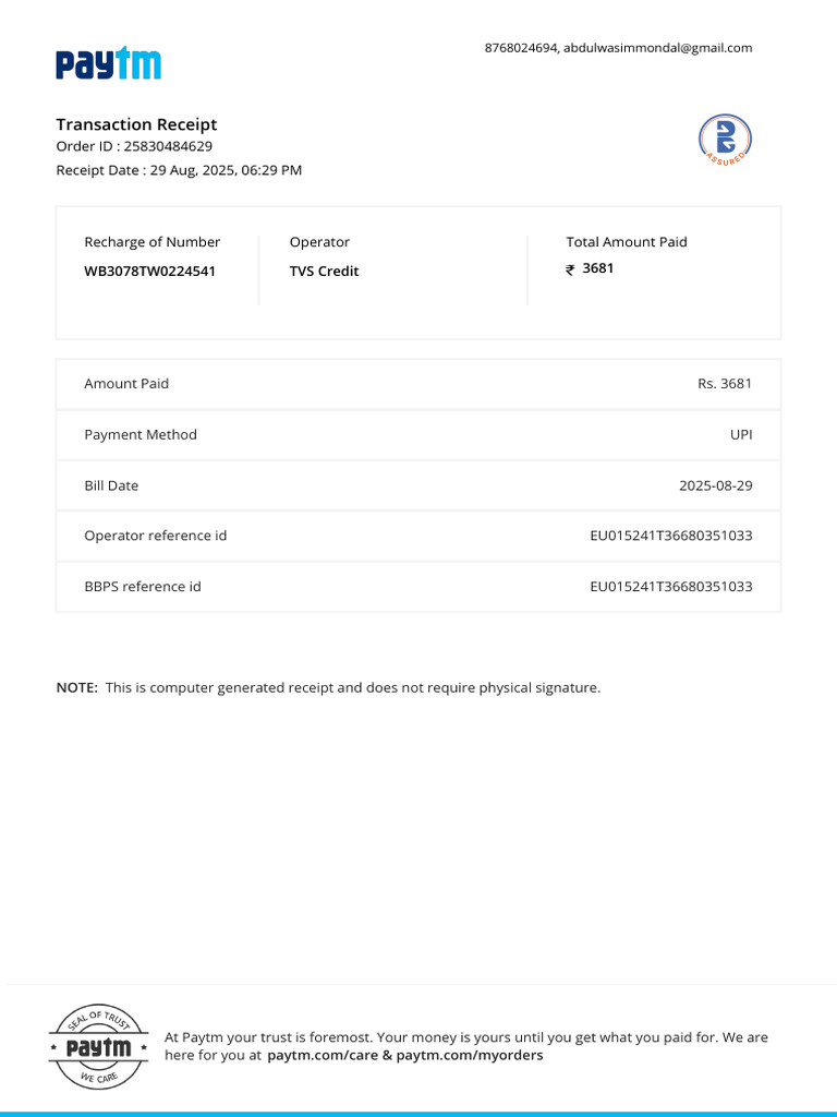 Paytm Transaction Receipt for Recharge | PDF