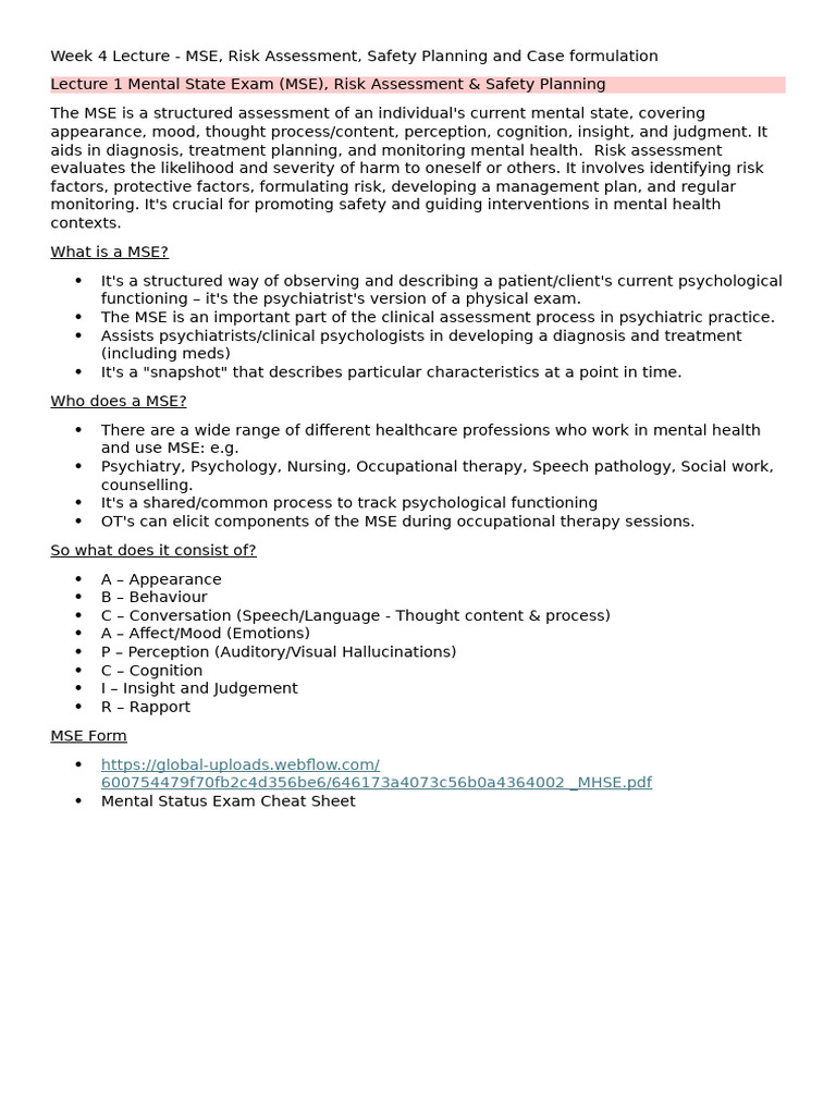 MSE Overview and Risk Assessment Guide | PDF | Psychiatry | Mental Health