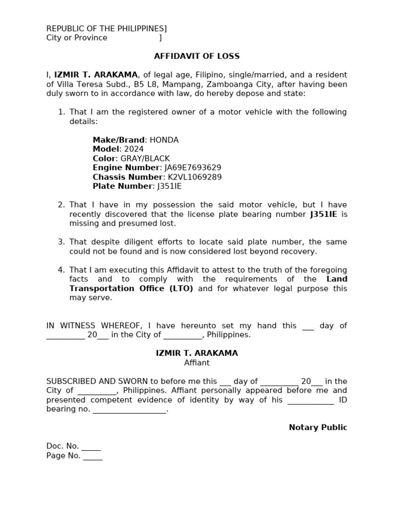 Affidavit of Loss for Vehicle Plate | PDF